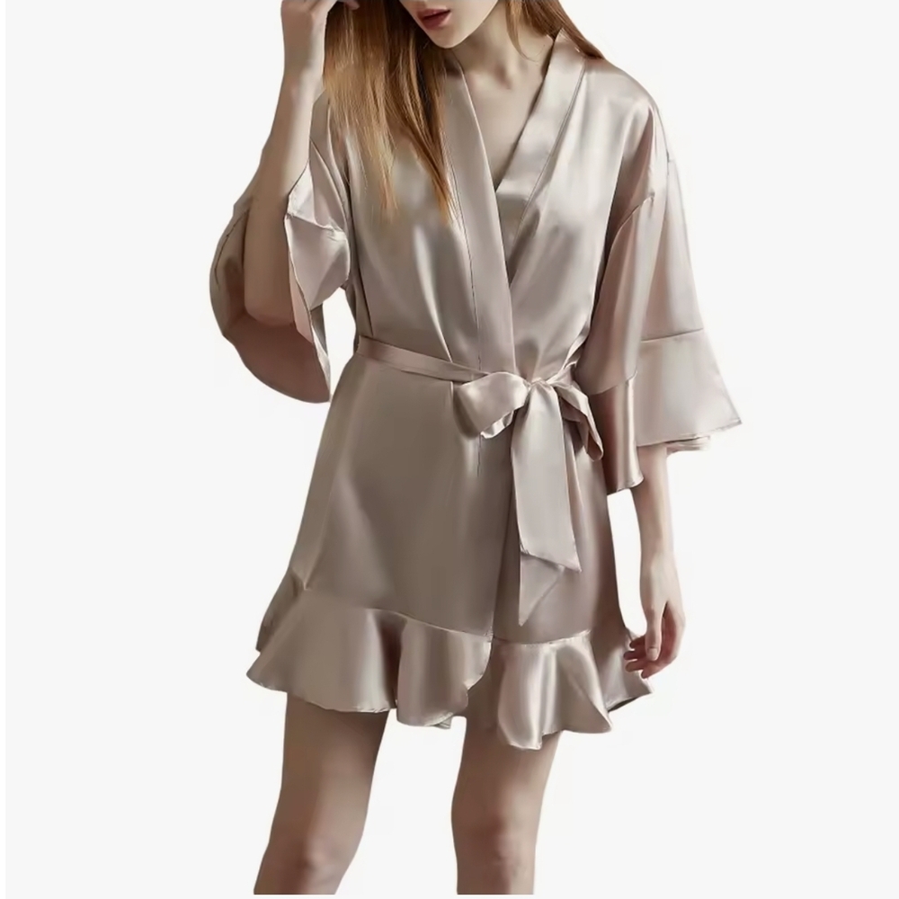 Birdy Grey Satin Bath Robe Womens Size M/L Nude 3/4 Sleeve Rufle Hem Wrap Kimono